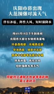 慶陽市將出現(xiàn)大范圍強(qiáng)對(duì)流天氣，伴有冰雹、陣性大風(fēng)、短時(shí)強(qiáng)降水